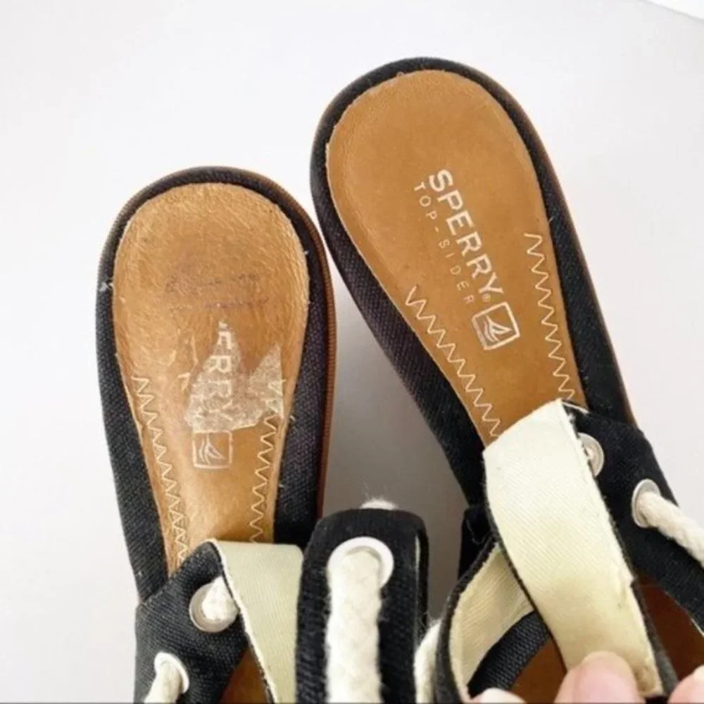Sperry Southport Black Canvas Wedge Sandals Nautical Casual Comfort Size 7